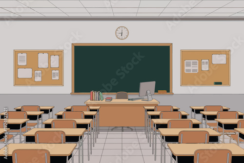 Classroom background, retro 8-bit pixel art school interior with student desks design