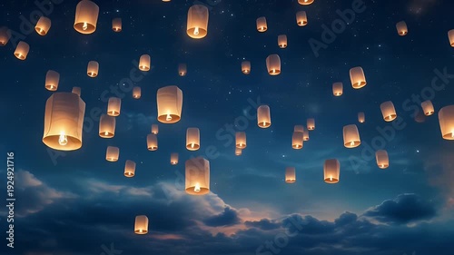 A magical twilight scene adorned with a multitude of glowing sky lanterns gently ascending, illuminating the night with a warm, hopeful radiance, symbolizing wishes and dreams