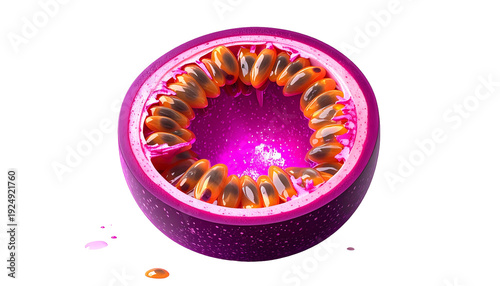 Cross-section of a vibrant passionfruit, revealing seeds and pulpy interior