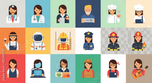 Diverse occupations and professionals in various colorful backgrounds and uniforms