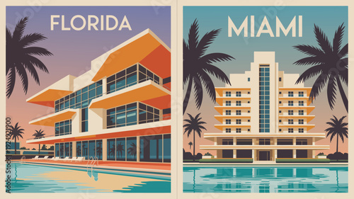 Florida travel poster, retro mid-century modern architecture with glass windows art