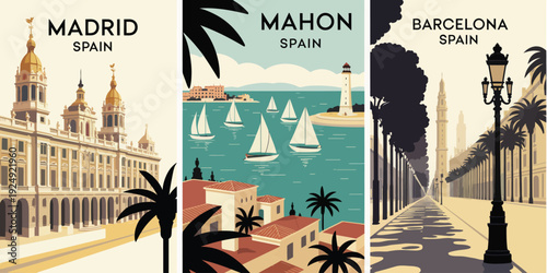 Spain poster set, vintage Madrid Mahon and Barcelona travel triptych art