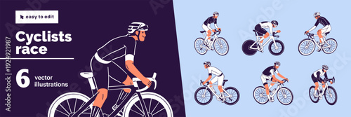 Cyclists race set. Bicyclists in safety helmets ride fast. Athletes are in cycling competition. Sportsmen on sports bikes are rushing to win. Tour de France. Flat isolated vector illustrations