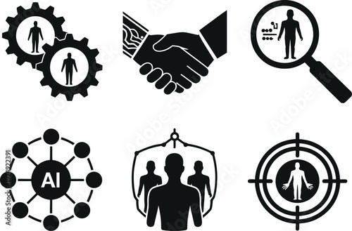 A set of black and white icons representing business and technology concepts