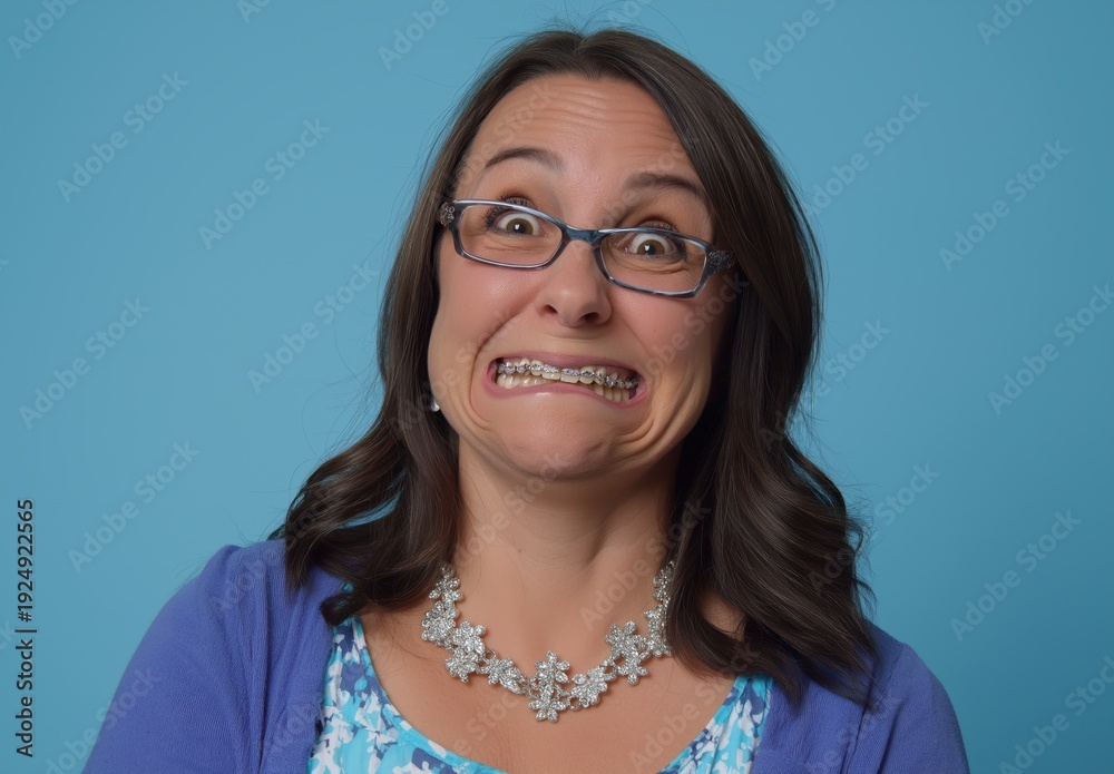 Obraz premium Smiling woman with braces and blue background showcases joy