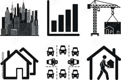 A collection of black and white icons representing real estate and construction