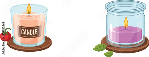 Scented Glass Jar Candles with Burning Flame Cartoon Vector Illustration Isolated on White Background Home Decor Design