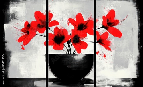 Abstract Red Flowers in Black Vase Triptych Painting with Textured Gray Background