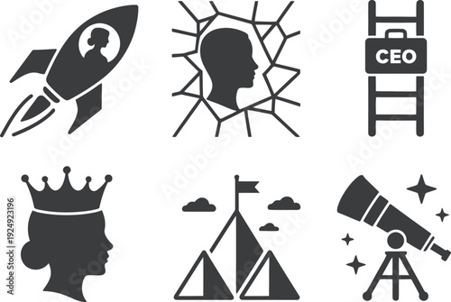 A collection of black and white icons representing business and innovation