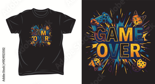 Dark background game over vector illustration for t shirt design with retro gamer aesthetics and cat elements