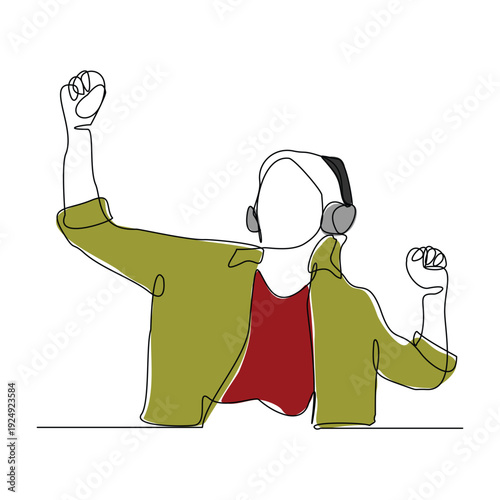 Continuous line sketch drawing of young woman happy listening music melody on headphones earphone object technology entertainment vector illustration one single line editable stroke