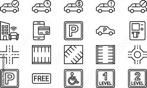 Parking Service and Car Line Icons Set Featuring Payment Navigation Garage Levels Accessibility and Transportation Symbols