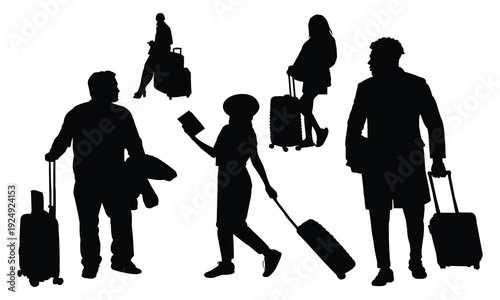 Black silhouettes of diverse travelers walking with suitcases on white background isolated group of people with luggage for travel airport journey concept tourism vacation lifestyle