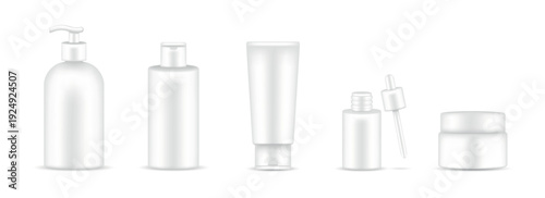 Vector set of cosmetic packaging in minimal style white pump bottle tube dropper and cream jar
