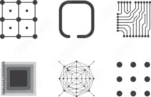 A collection of modern geometric shapes and circuit board designs