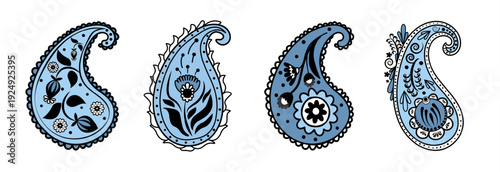 Hand drawn Blue paisley ornamental oriental motif collection with floral details in folk style. Decorative ethnic elements inspired by traditional textile pattern for print, fabric, wallpaper design.
