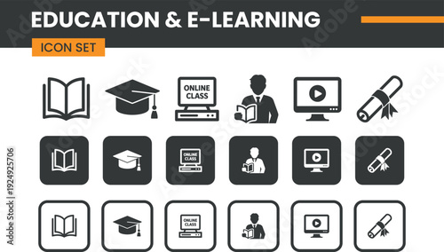 Collection of grayscale education and e-learning icons set  representing academic materials and digital learning tools