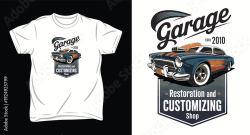 Car garage t shirt design vector illustration print ready restoration customizing merch