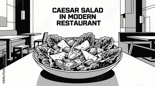 classic caesar salad served in a modern restaurant environment with fresh lettuce parmesan cheese and croutons representing healthy dining and gourmet menu design