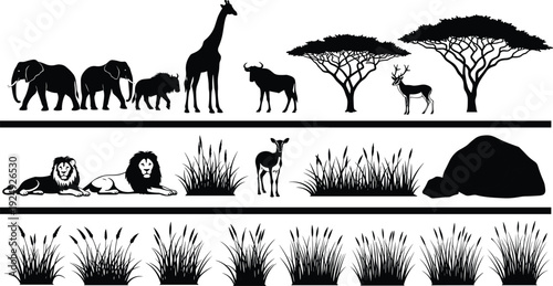 African safari animals and grass silhouette collection, wildlife savanna trees and nature elements set, flat vector illustration