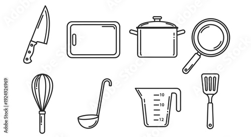 Kitchen Utensils and Cookware Icons Set for Cooking and Food Preparation
