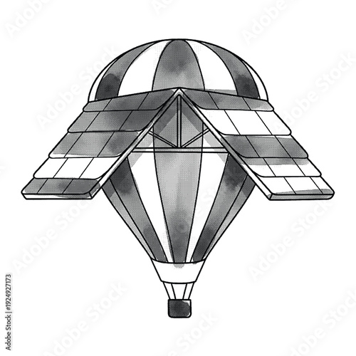 Black and white hot air balloon vector illustration with striped balloon and checkered roof