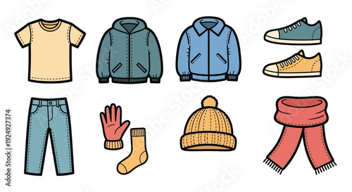 Collection of casual clothing and winter accessories items.