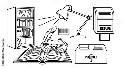 Set of black and white line art icons for education and library concepts.