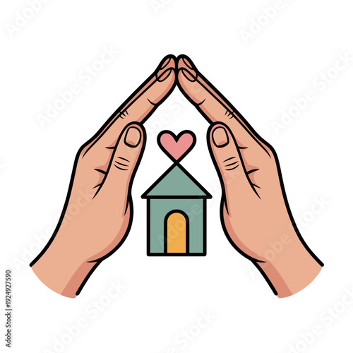 Hands forming a protective shelter over a small house and heart  