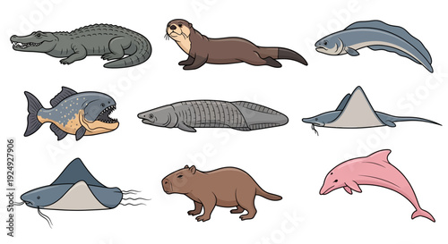 Cute Aquatic and Semi-Aquatic Animals Collection Illustration