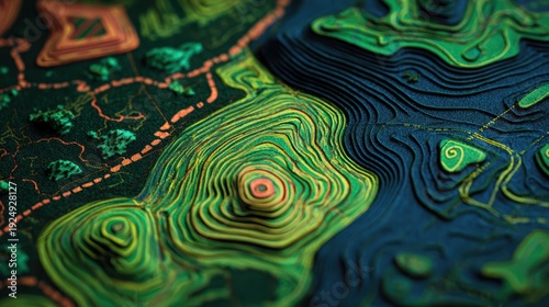 Topographic Map: A detailed topographic map showcases the undulating terrain of a landscape, highlighting elevations and contours with precision.