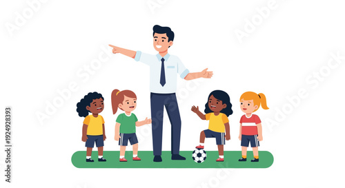 Male coach instructing a diverse group of four young girls playing soccer on a green field.