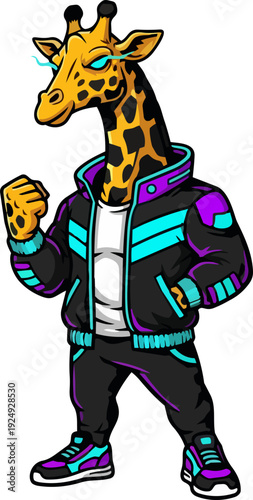 A cartoon giraffe wearing a futuristic jacket and sneakers, standing confidently with a cool attitude, illustration, full-body view
