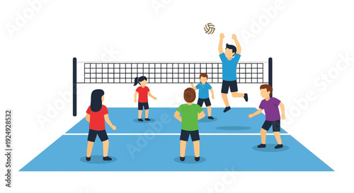 An illustration of six people playing volleyball on a blue court, with one player jumping to spike the ball over the net.