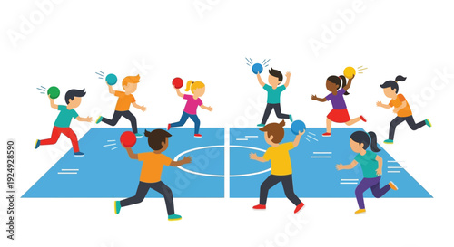Cartoon illustration of diverse children playing dodgeball on a blue court, actively throwing and dodging colorful balls during a fun game.