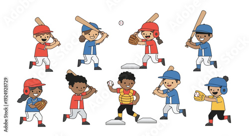 A group of diverse children playing baseball, with some batting, some catching, and one pitching, all in colorful uniforms on a white background.