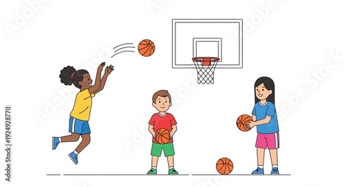 Three diverse children playing basketball together on a court with a hoop, practicing their shots and dribbling skills.