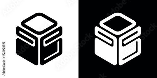 Black and white cube on split background symbol