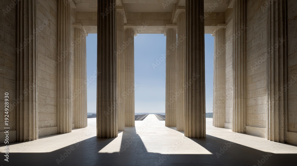 Fototapeta premium Architectural Columns: The interior of a majestic structure showcases classical architecture, featuring towering columns that frame a view of the clear, blue sky, bathed in soft light. 
