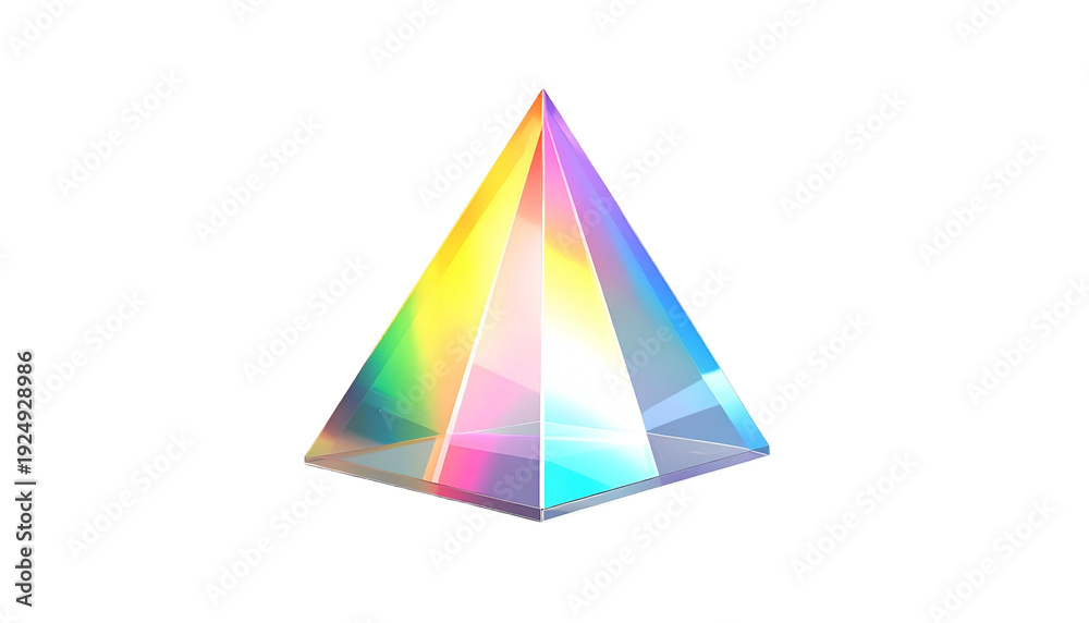 Fototapeta premium A transparent pyramid refracts light into a spectrum of rainbow colors against a dark backdrop