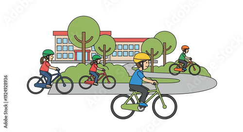 Four children wearing helmets ride bicycles on a paved path with a school building and trees in the background, enjoying leisure time outdoors.