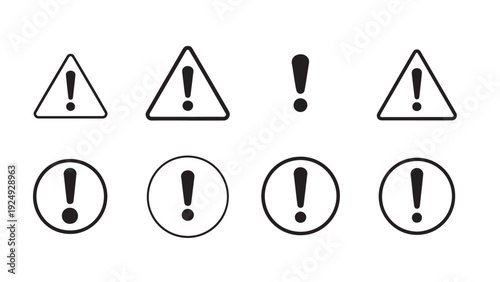 Warning icons with exclamation marks in triangle and circle designs.