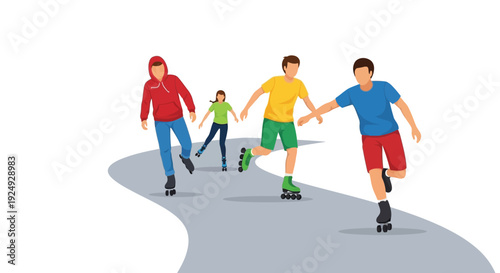 Four friends rollerblading together on a winding outdoor path, enjoying a fun leisure activity.