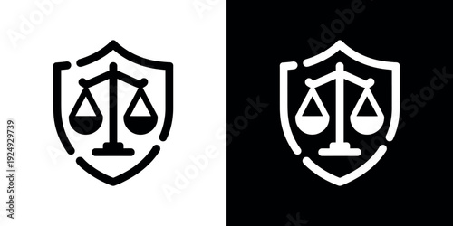 Black and white shield with scales of justice symbol