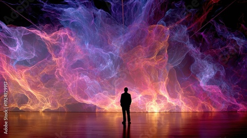 Man contemplating cloud: A solitary figure stands in contemplation before a mesmerizing display of swirling, colorful clouds, embodying a sense of wonder and the vastness of imagination.