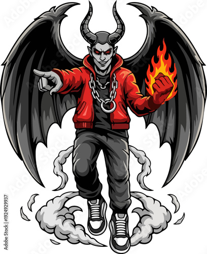 A demonic figure in red jacket and black pants standing on clouds with flames