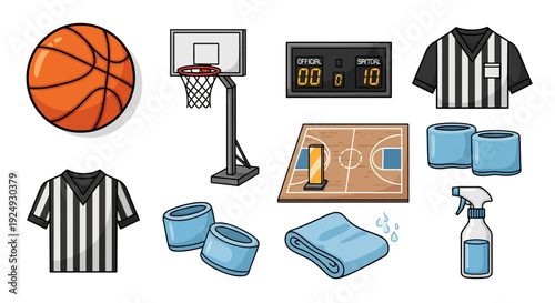 Collection of basketball equipment and referee gear.