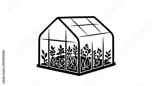 Greenhouse with plants inside structure.