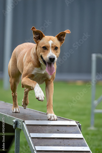 Dog runs on metal ramp in park