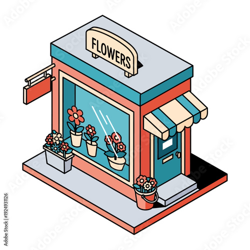 Isometric illustration of a flower shop with vibrant flowers in the window.